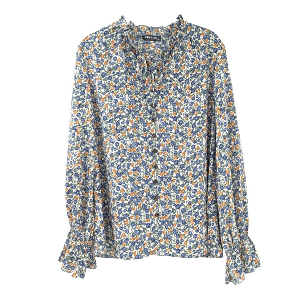 Chic Style Floral V-Neck Blue Orange Front Tie Ruffle Button Blouse Size Med
